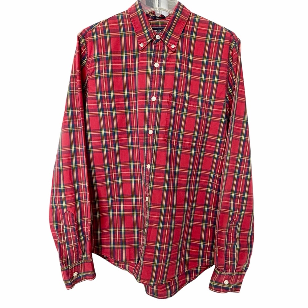 Abercrombie & Fitch Plaid Button-down Muscle Shirt 100% Cotton Sz Small Red/Navy